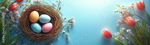 Colorful eggs in a nest surrounded by flowers on a bright blue surface in spring