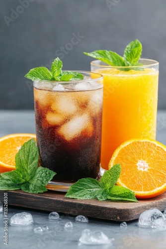 Refreshing orange and iced coffee drinks with fresh orange slices and coffee ...