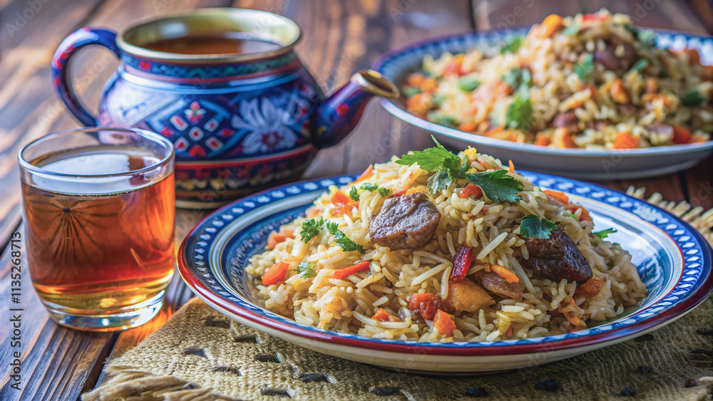 A generous portion of pilaf, ready to be enjoyed with a steaming cup of tea.A vibrant display of fragrant rice, seasoned with herbs and tender meat. A generous portion of pilaf, ready to be enjoyed with a steaming cup of tea.A vibrant display of fragrant rice, seasoned with herbs and tender meat.