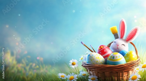 Colorful Easter basket with decorated eggs and a bunny in a cheerful setting