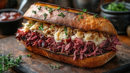 Mouthwatering beef sandwich with toasted bread and fresh greenery on a wooden...