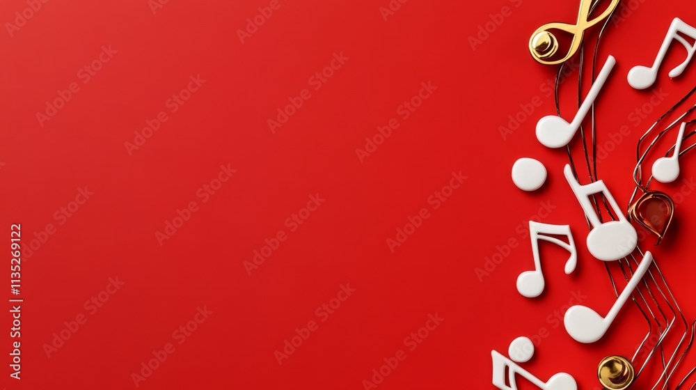 Fototapeta premium Musical Notes on Red Background - Abstract music concept, red backdrop, white notes, gold accents, festive design, copy space.
