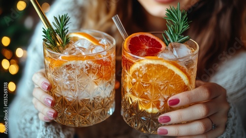 Refreshing cocktails with orange and rosemary garnishes are enjoyed at an ups...