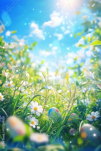 Colorful wildflowers bloom under bright sunlight in a vibrant blue sky