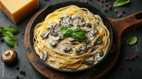 Creamy mushroom pasta served in a skillet with fresh basil on a rustic backgr...