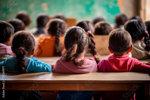 Back-to-school children sitting at their desks, studying and developing their reading and writing.