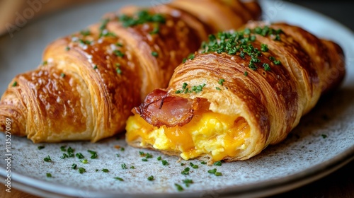 Breakfast treat featuring fluffy croissants filled with cheese and bacon serv...