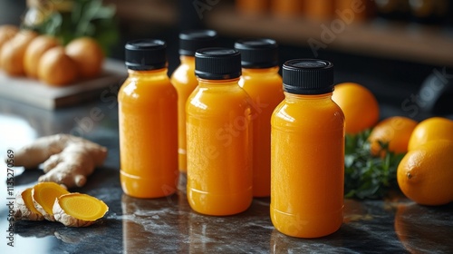 Vibrant assortment of fresh juice bottles with citrus fruits on a marble surface