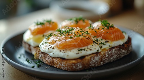 Delicious smoked salmon toast topped with fried egg and cherry tomato on a wo...