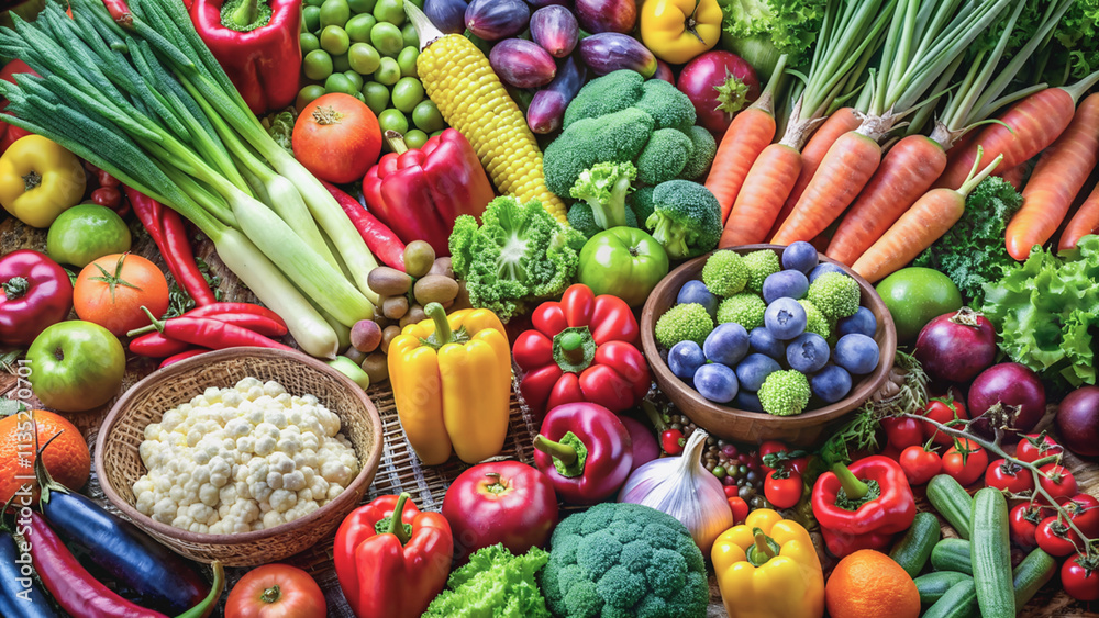 Colorful bounty of vegetables and fruits, a feast for the eyes and a healthy choice for any meal.A diverse selection of fresh, whole foods, perfect for a balanced diet. Colorful bounty of vegetables and fruits, a feast for the eyes and a healthy choice for any meal.A diverse selection of fresh, whole foods, perfect for a balanced diet.
