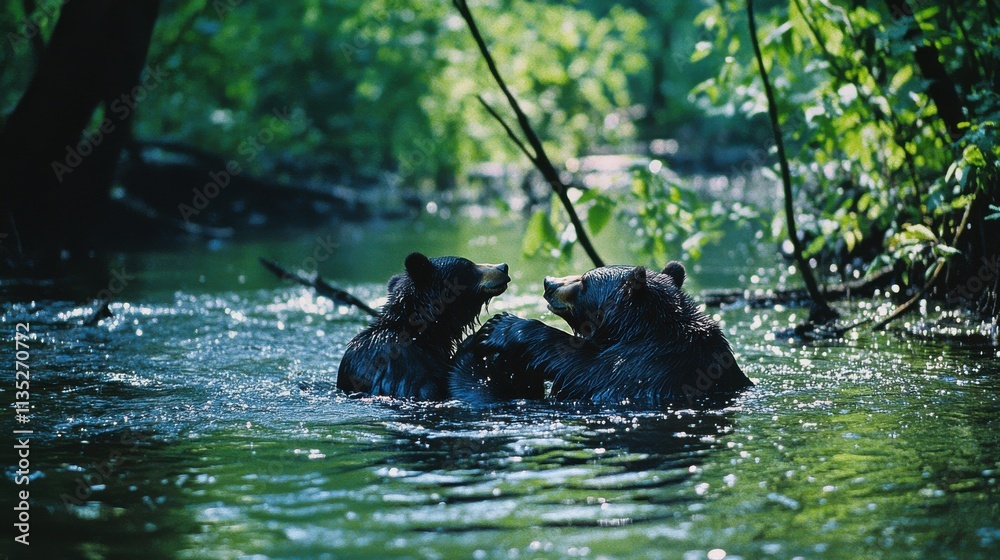 Playful American black bears wrestle in vibrant forest stream Playful American black bears wrestle in vibrant forest stream