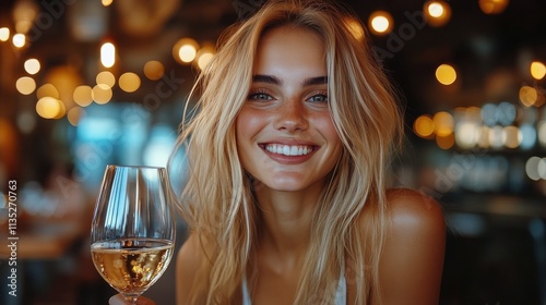 Smiling woman enjoys a lively gathering in a warmly lit outdoor setting durin...