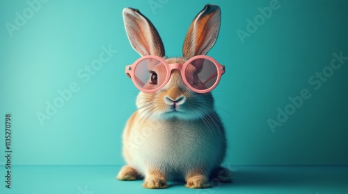 Cute bunny wearing pink glasses poses against a vibrant turquoise background
