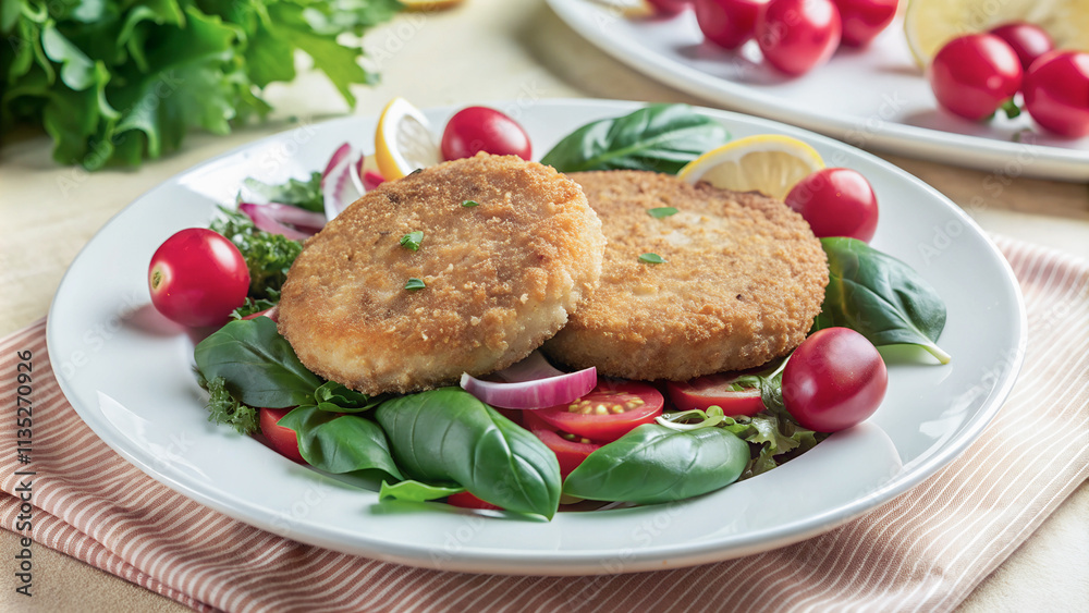 Crispy vegetarian cutlets, nestled amongst a vibrant salad of fresh tomatoes, basil, and red onion.A satisfying plate of plant-based cutlets, perfectly complemented by a light and refreshing salad. Crispy vegetarian cutlets, nestled amongst a vibrant salad of fresh tomatoes, basil, and red onion.A satisfying plate of plant-based cutlets, perfectly complemented by a light and refreshing salad.