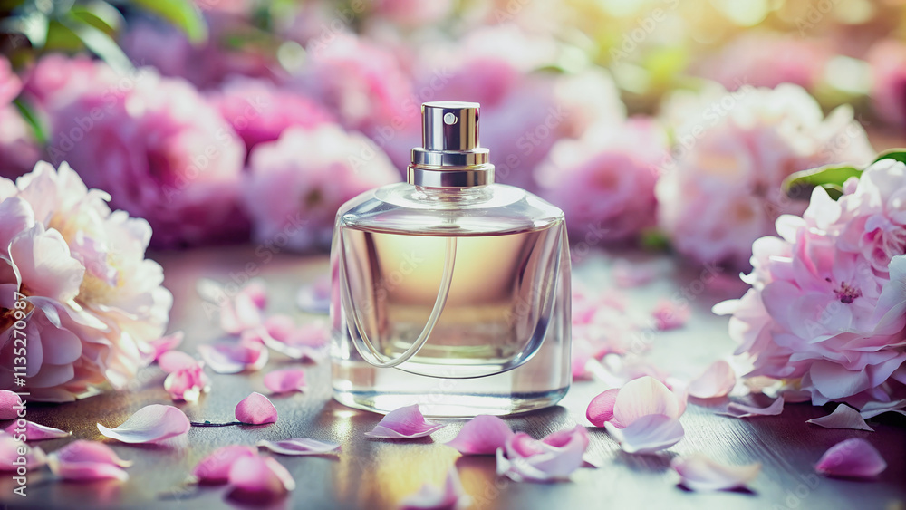 Floral fragrance captured in a moment of beauty. Pink petals and a perfume bottle create a serene scene.Soft light highlights a perfume bottle, surrounded by scattered pink flower petals, creating a Floral fragrance captured in a moment of beauty. Pink petals and a perfume bottle create a serene scene.Soft light highlights a perfume bottle, surrounded by scattered pink flower petals, creating a