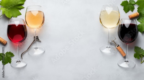 Various wine glasses arranged on a gray surface with a corkscrew nearby