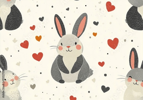 Cute rabbit pattern with hearts and dots in playful design for childrens decor