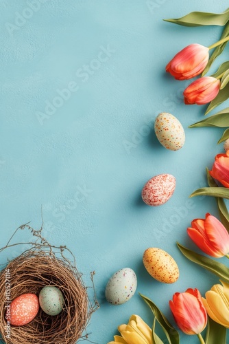 Colorful spring eggs and tulips arranged on a blue background for festive cel...