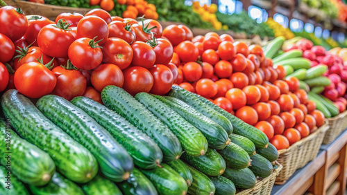 Freshly picked tomatoes and cucumbers, stacked high in market baskets.Close-up view of a market stall overflowing with tomatoes and cucumbers.Abundant harvest of tomatoes and cucumbers, ready for purc