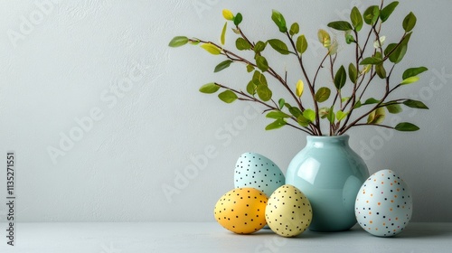 Decorative vase with painted eggs and spring branches on a light background