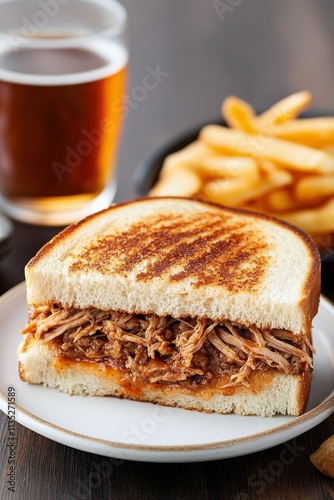 Pulled pork sandwich served with fries and cold drink on a wooden table
