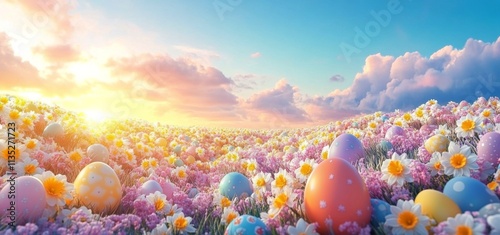 Colorful Easter eggs and spring flowers on a bright blue background