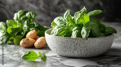 Fresh spinach leaves piled in a black bowl on a dark textured surface