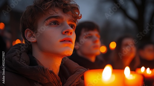 Candlelight vigil with individuals holding candles and reflecting in a somber...