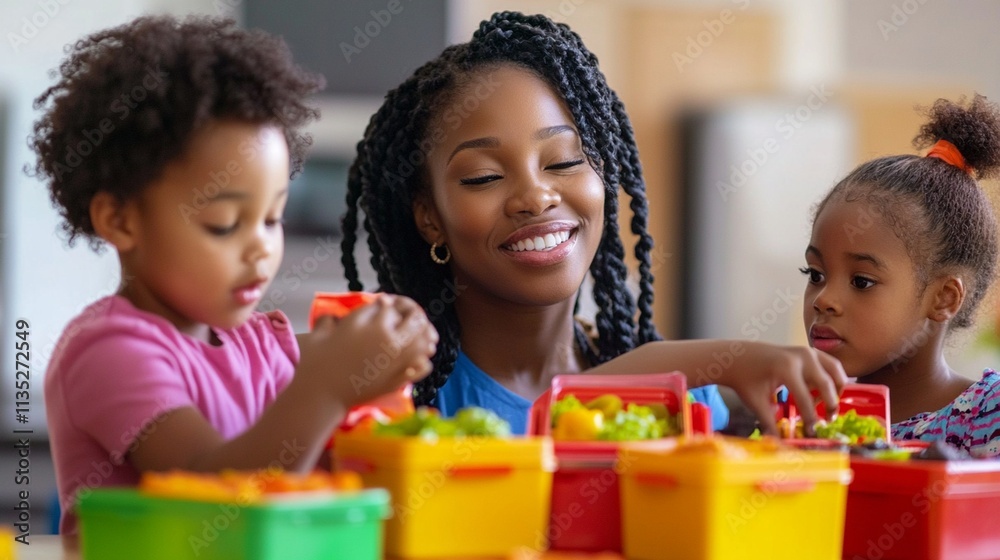 Joyful African American Mother Engaging in Creative Activities with Her Children at Home for Educational Development and Bonding Joyful African American Mother Engaging in Creative Activities with Her Children at Home for Educational Development and Bonding