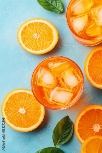 Refreshing citrus drinks with ice surrounded by fresh orange slices and green...