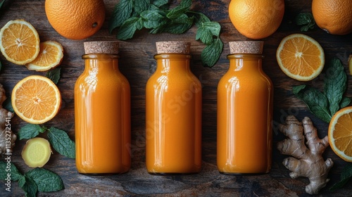Freshly bottled juices arranged on a marble countertop with fruit accents