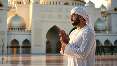 2_Muslim Man in Thobe and Kufi at Grand Mosque photo