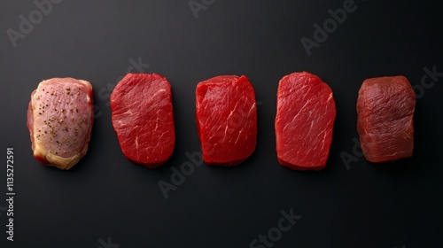 Different cuts of meat displayed against a dark background showcasing variety...