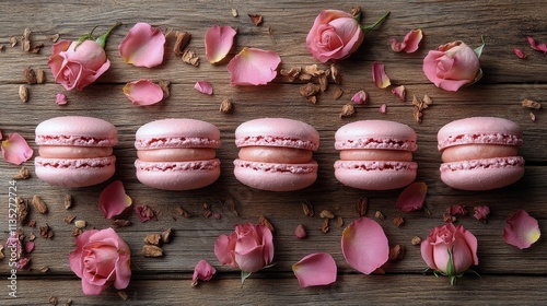 Elegant pink macarons arranged with rose petals on a rustic wooden surface