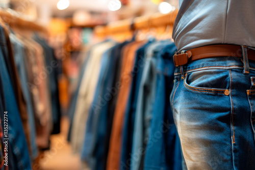 An elegant man trying on and picking out jeans at a clothing store's Black Friday event.