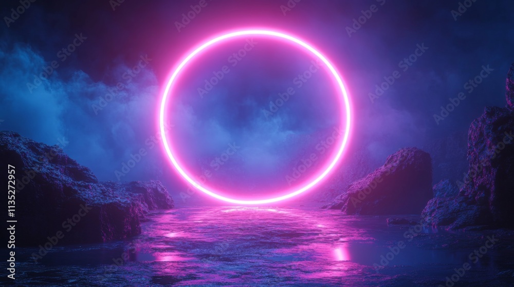 Mystical Neon Portal in Mysterious Landscape Mystical Neon Portal in Mysterious Landscape