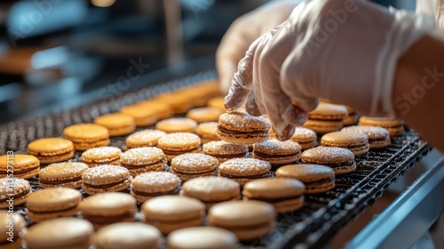 Skilled baker arranging freshly made pastries in a busy bakery just before op...