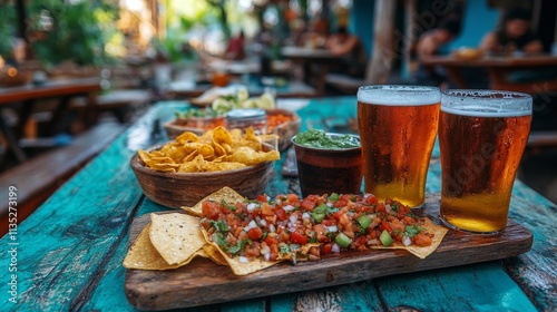 Delicious nachos and drinks served at a vibrant outdoor restaurant during sunset