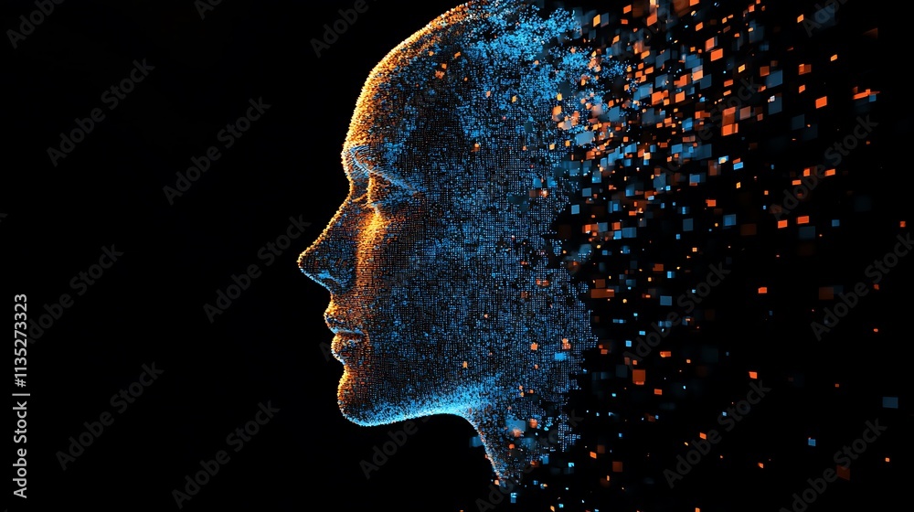 Digital face of human created using glowing particles in darkness photo Digital face of human created using glowing particles in darkness photo
