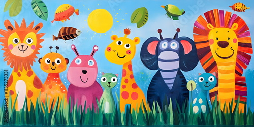 Playful animal mural featuring vibrant colors, perfect for a cheerful children's room design