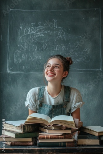 Student smiling while reading a large book surrounded by stacks of textbooks ...