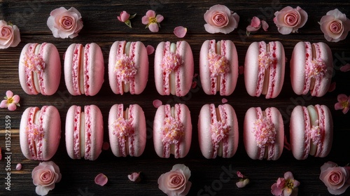 Beautiful pink macarons surrounded by fresh roses and petals on a wooden back...
