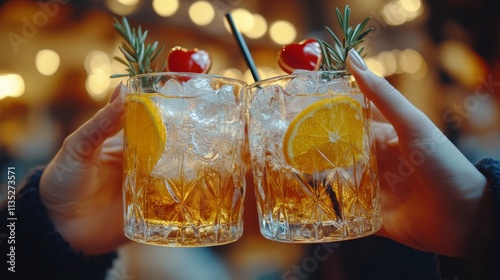 Refreshing cocktails with orange and rosemary garnishes are enjoyed at an ups...