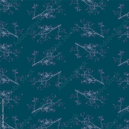 Seamless pattern with branches of tree. Tree branches on a dark blue background. 