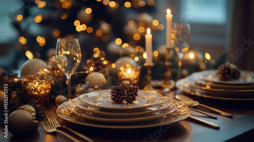 Festive table setting with decorations, plates, and candles during the holida...
