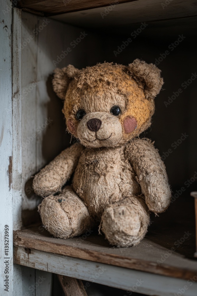 Obraz premium Dusty, worn teddy bear sits on shelf.