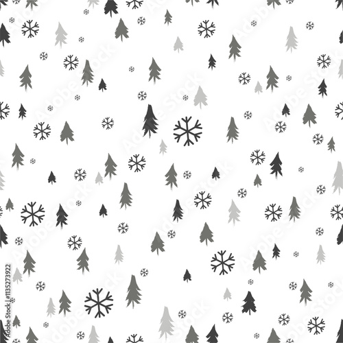 Silhouettes seamless pattern with cute forest. Pine trees, Christmas trees, fir. Vector