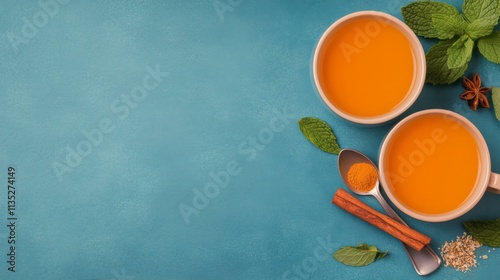Warm turmeric tea with spices and fresh mint on a vibrant blue background