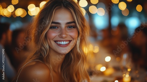 Smiling woman enjoys a lively gathering in a warmly lit outdoor setting durin...