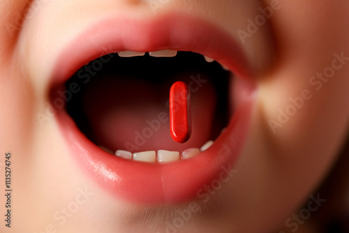 Young child preparing to take medication for health issues, with the pill in their mouth.
